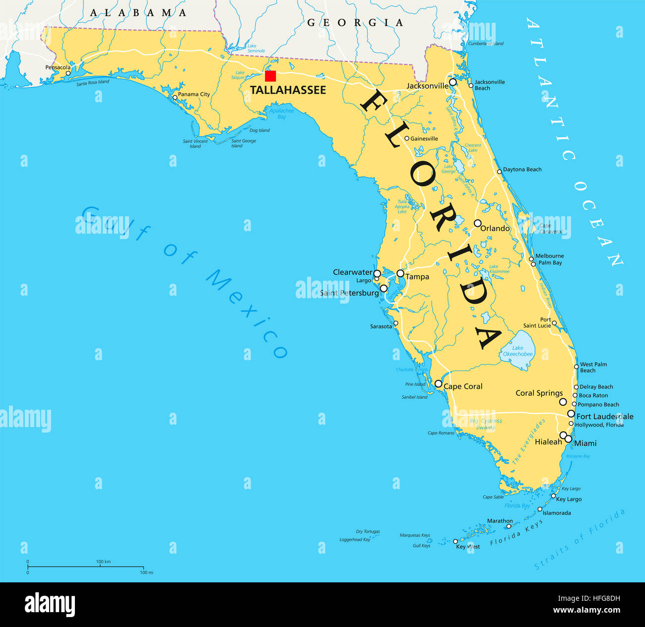 Florida politische Karte mit Hauptstadt Tallahassee, Grenzen, wichtige Orte, Flüsse und Seen. Stockfoto