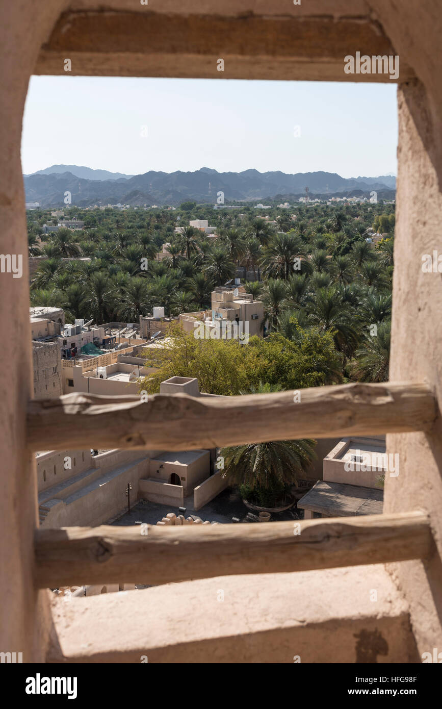 Blick auf Nizwa Oase vom Turm von Nizwa Fort. Nizwa, Sultanat von Oman Stockfoto