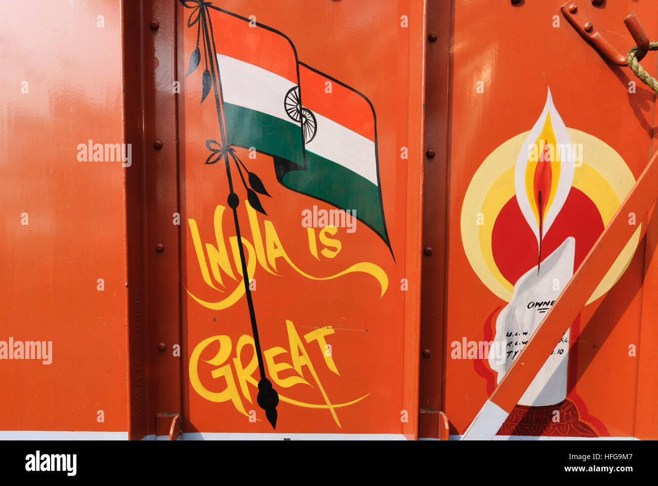 Kaziranga: LKW-Seitenwand, gemalt, Flagge, Indien, Assam, Indien Stockfoto