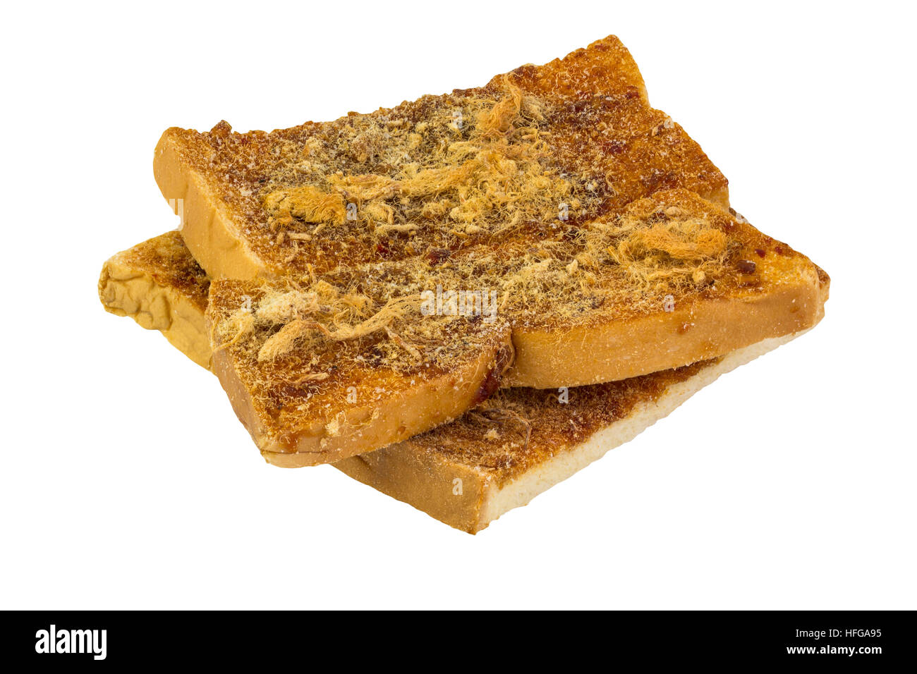 Knuspriges Brot mit Thai Chilisauce eingefügt und zerkleinerte getrocknete Schweinefleisch, isoliert auf weißem Hintergrund. Stockfoto