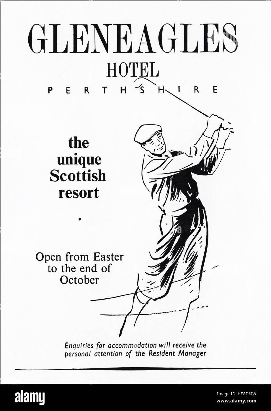 1950er Jahre Werbung Anzeige aus original alten Vintage englisches Magazin datiert 1953 Werbung für Gleneagles Hotel Perthshire Schottland Stockfoto