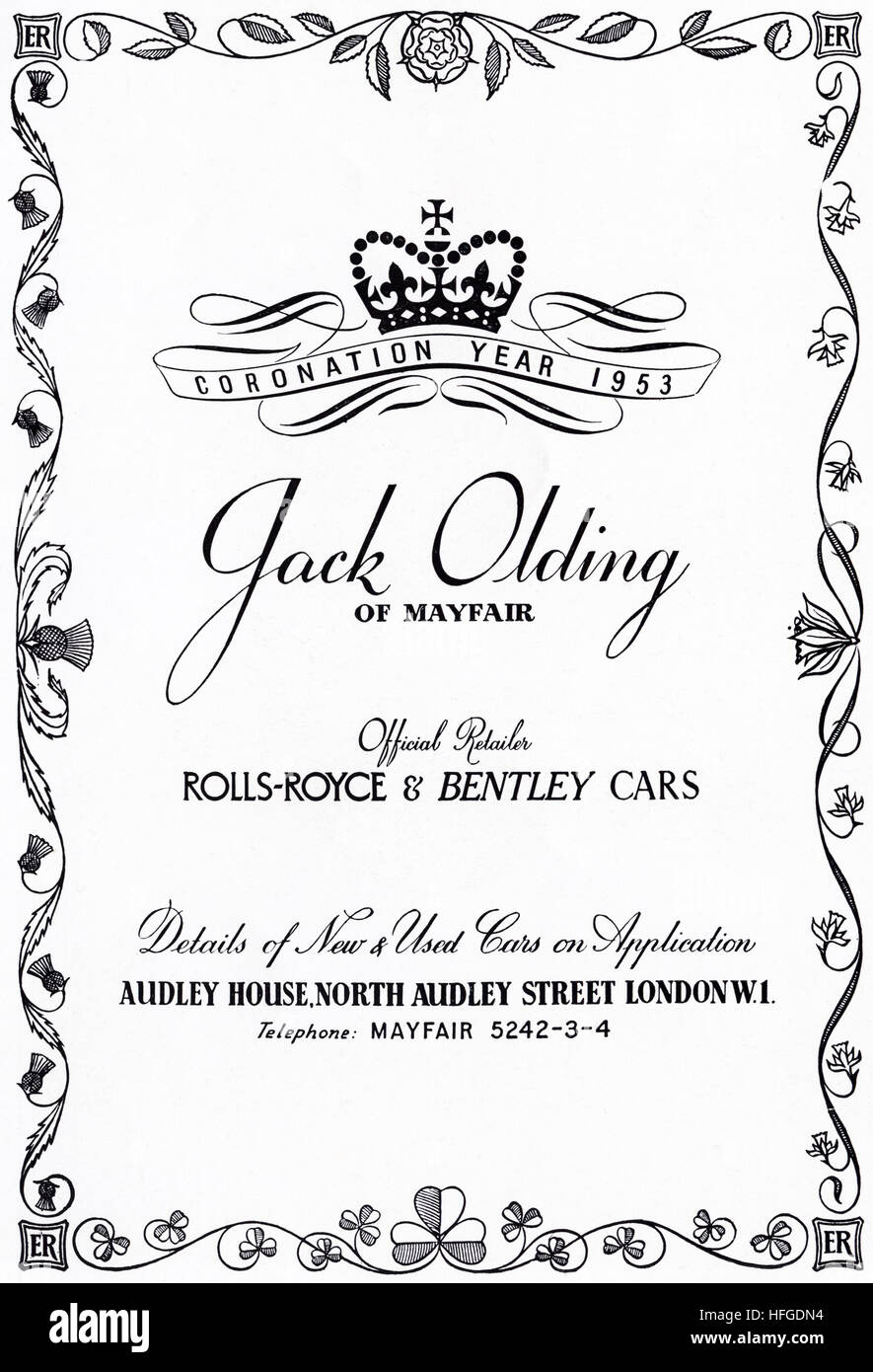 1950er Jahre Werbung Anzeige aus original alten Vintage englischen Magazin datiert 1953 Werbung für Jack Olding Mayfair Händler & Bentley Rolls-Royce Fahrzeuge feiern die Krönung von Königin Elizabeth II. Stockfoto