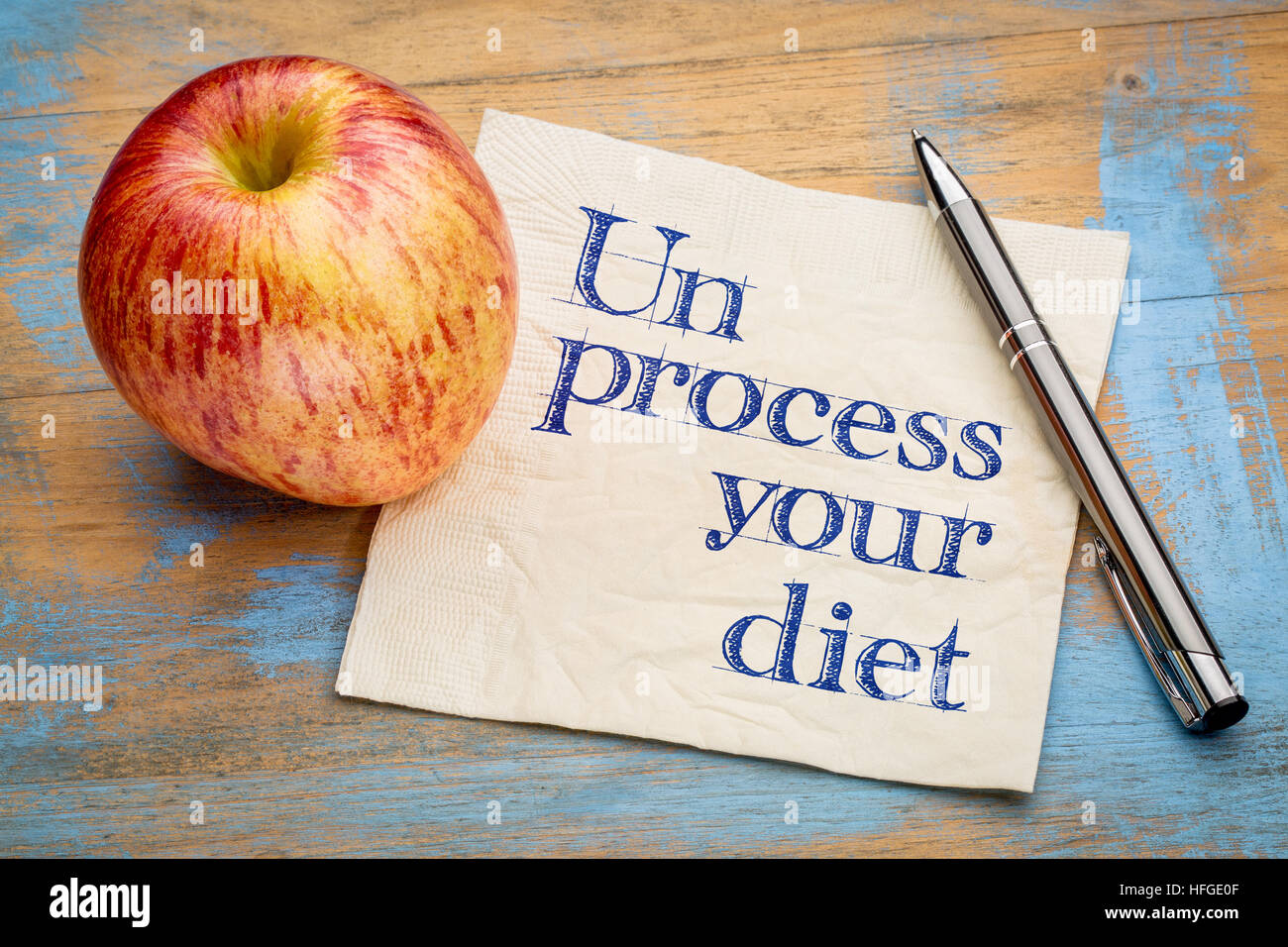 Ihre Diät - gesunde Ernährung Konzept - Handschrift auf einer Serviette mit Apple unprocess Stockfoto