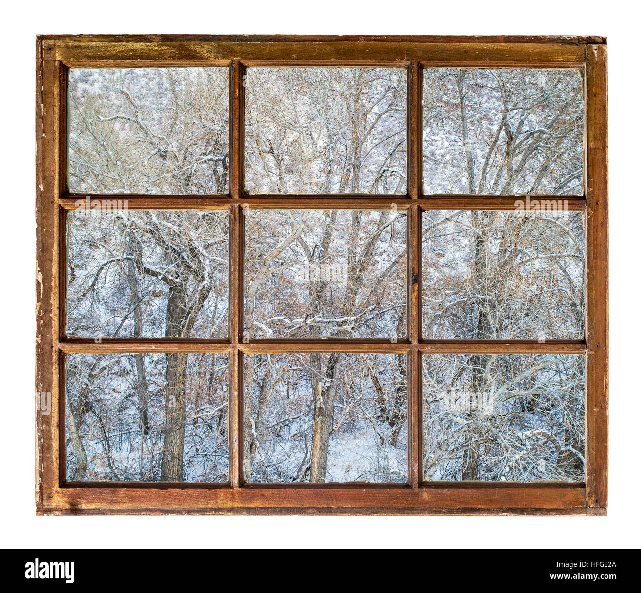 Winterlandschaft von Bäumen in einen Canyon wie Vintage, Grunge, Schiebefenster mit schmutzigen Glas durchschauen Stockfoto