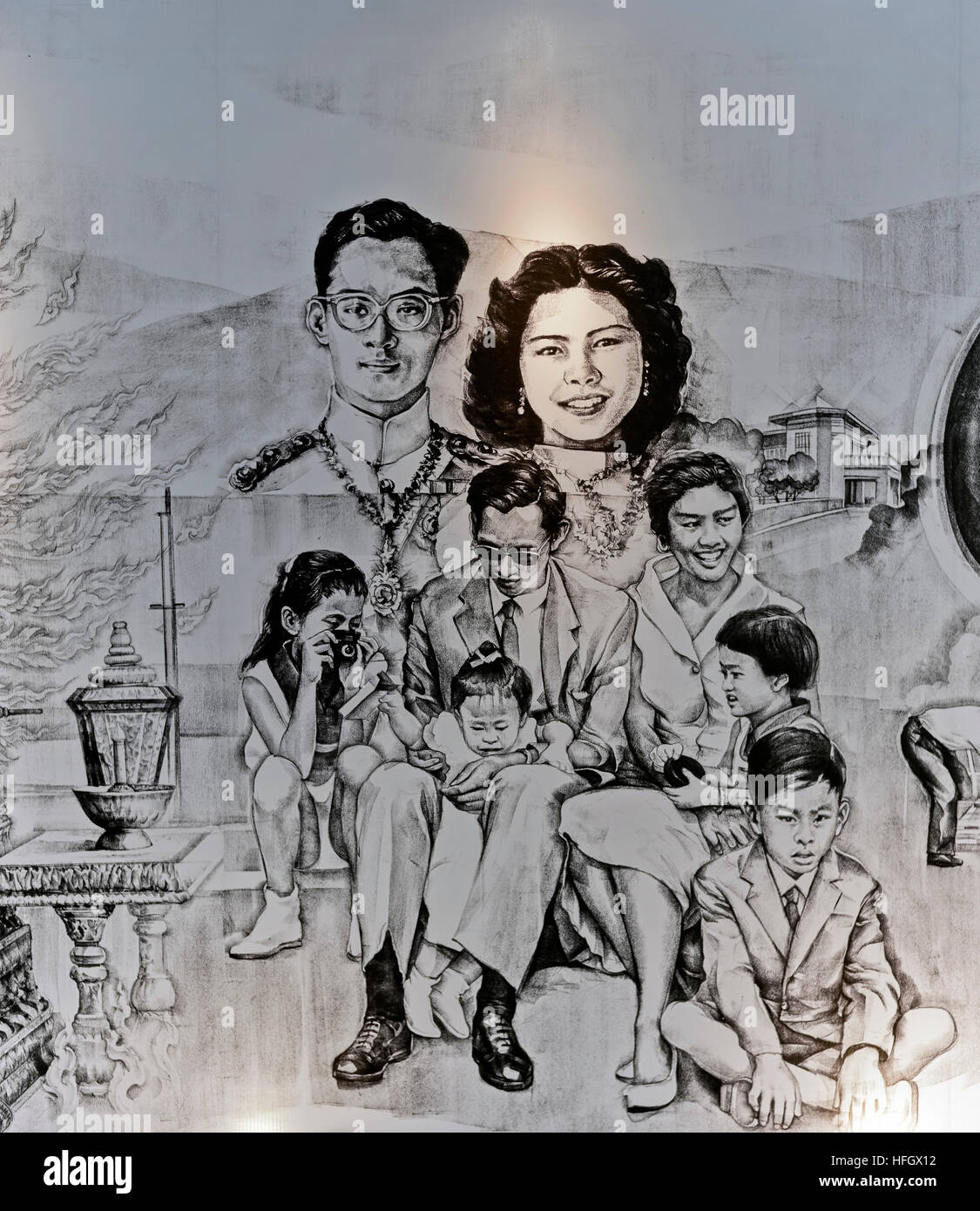Bhumibol Adulyadej. Illustrierte Skizze von Leben und Familie des spät verehrten thailändischen Königs Bhumibol Adulyadej Rama 1X. Stockfoto