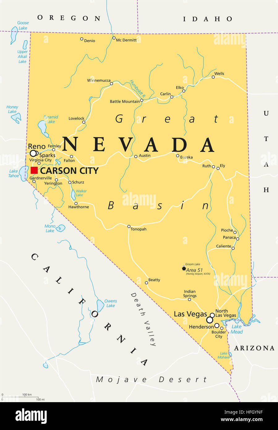 Nevada politische Karte mit Hauptstadt Carson City. Geben Sie in den West-, Mountain West und südwestlichen Regionen der USA. Stockfoto