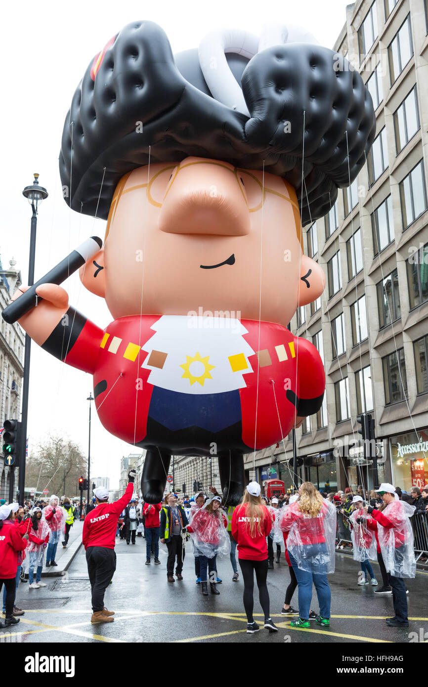 Westminster, London, 1. Januar 2017. Der Riese "Herr Bürgermeister" Ballon, Vertreter der Bürgermeister und London Borough, die an der Parade an der Spitze der Parade teilzunehmen. Der Londoner New Year es Day Parade, LNYDP 2017 ist seit 1987 eine Wende-des-Jahres-Tradition und verfügt über mehrere tausend Künstler aus der ganzen Welt. Bildnachweis: Imageplotter und Sport/Alamy Live Nachrichten Stockfoto