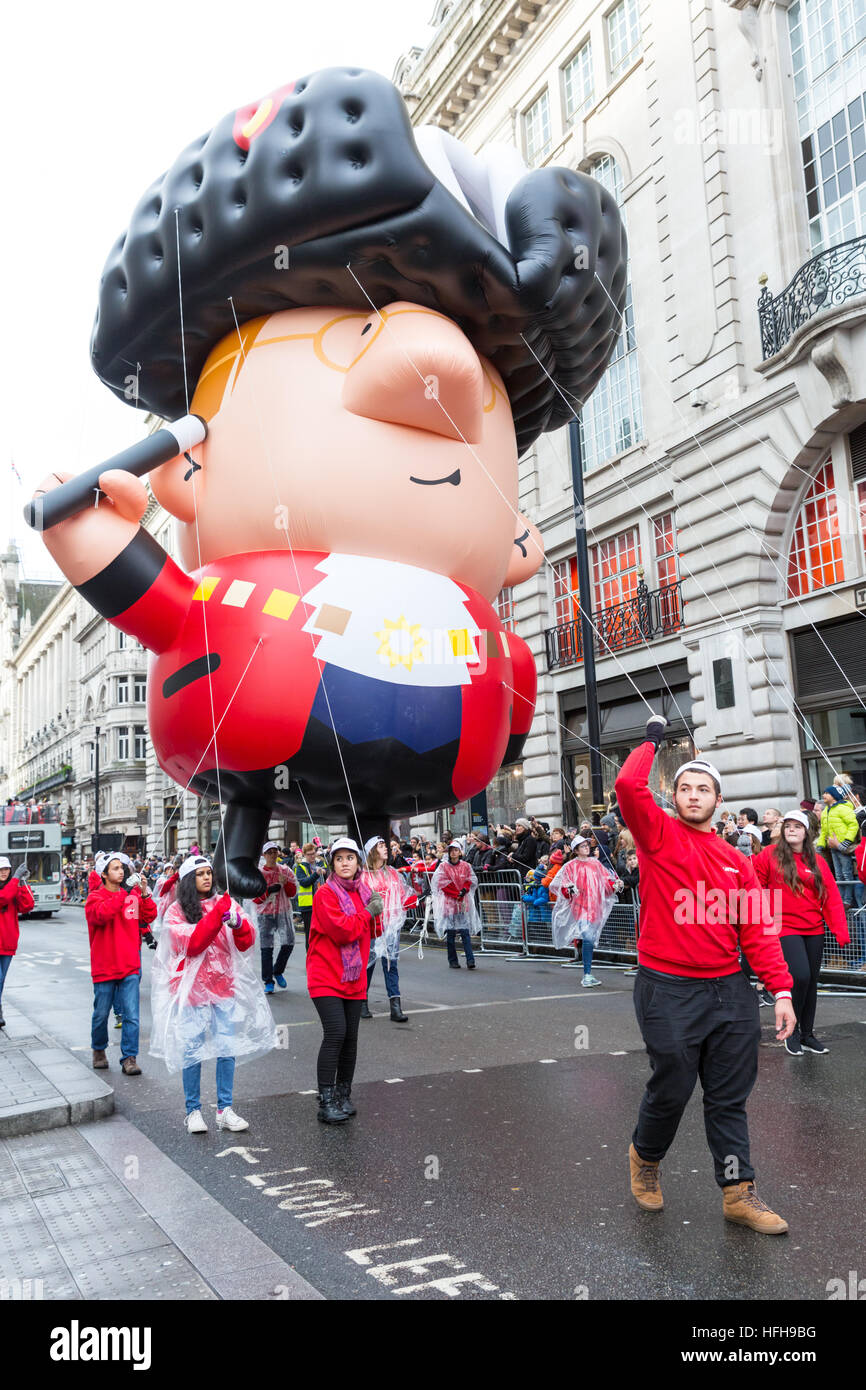 Westminster, London, 1. Januar 2017. Der Riese "Herr Bürgermeister" Ballon, Vertreter der Bürgermeister und London Borough, die an der Parade an der Spitze der Parade teilzunehmen. Der Londoner New Year es Day Parade, LNYDP 2017 ist seit 1987 eine Wende-des-Jahres-Tradition und verfügt über mehrere tausend Künstler aus der ganzen Welt. Bildnachweis: Imageplotter und Sport/Alamy Live Nachrichten Stockfoto