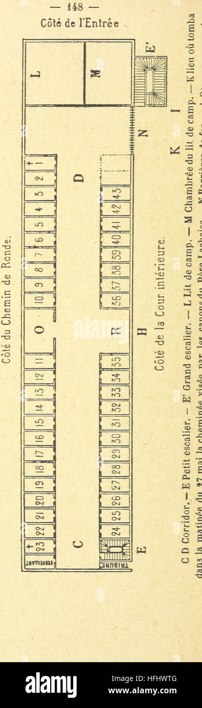 Das Bild von La Roquette erinnert an die Ereignisse im Mai 1871, wobei der Schwerpunkt auf der Belagerung von Paris und den Erfahrungen der Gefangenen in La Roquette liegt. Die Arbeit ehrt die Beteiligten und reflektiert die harten Bedingungen und persönlichen Schwierigkeiten. Stockfoto