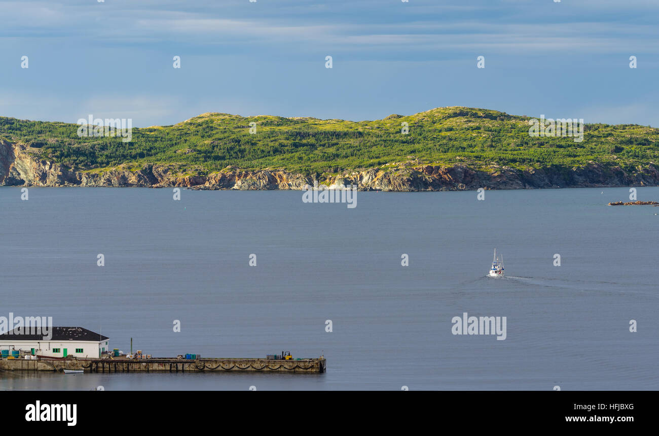 Segelboot navigiert in der Nähe von Twillingate Klippen, Seelandschaft, Landschaft, Neufundland, Atlantik-Kanada. Stockfoto