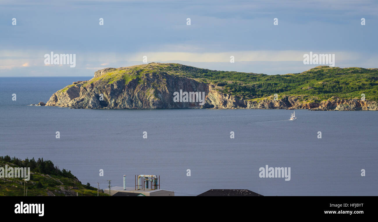 Segelboot navigiert in der Nähe von Twillingate Klippen, Seelandschaft, Landschaft, Neufundland, Atlantik-Kanada. Stockfoto