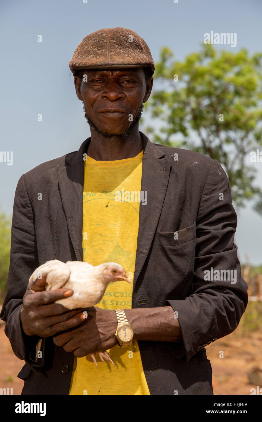 Koumban Dorf, Guinea, 2. Mai 2015; Huhn Züchter Sékou Condé, 52, hat Geflügel und auch Betriebe. Er wächst Reis, Maniok, Boden Mutter. Stockfoto