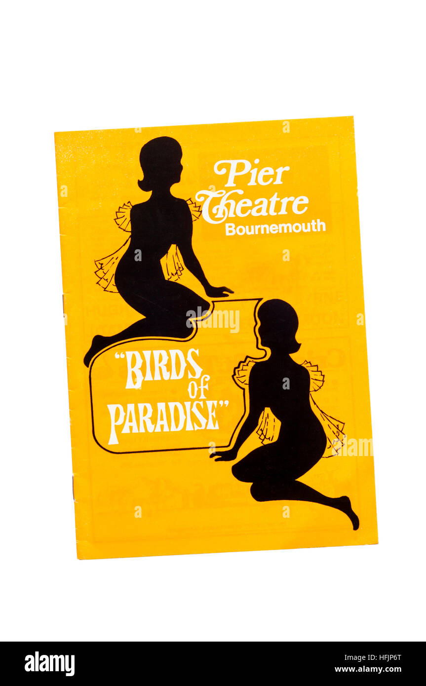 Programm für die 1975-Produktion des französischen farce Paradiesvögel von Gaby Bruyere am Pier Theatre in Bournemouth. Stockfoto