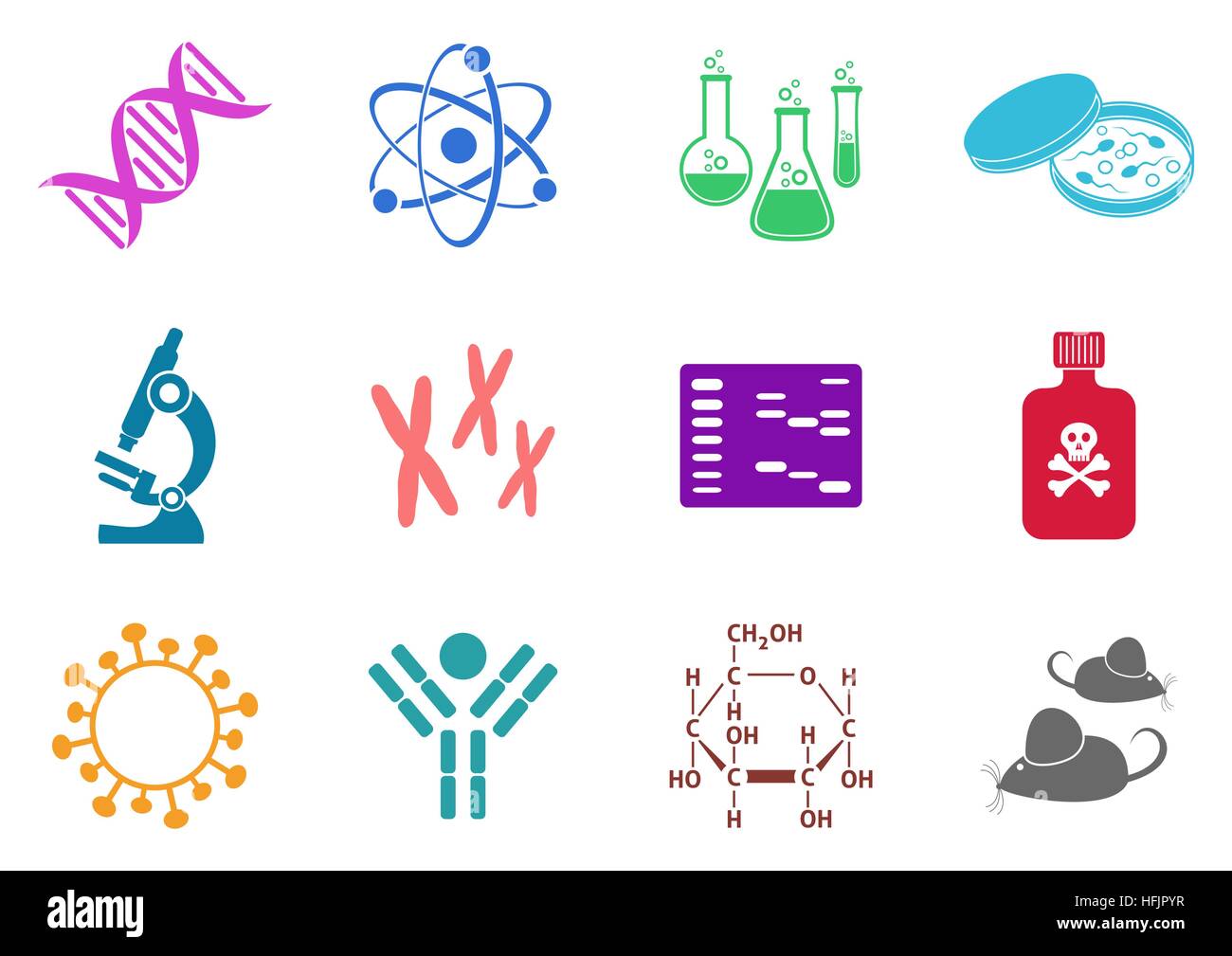Reihe von zwölf bunten Molekularbiologie Wissenschaft icons Stock Vektor