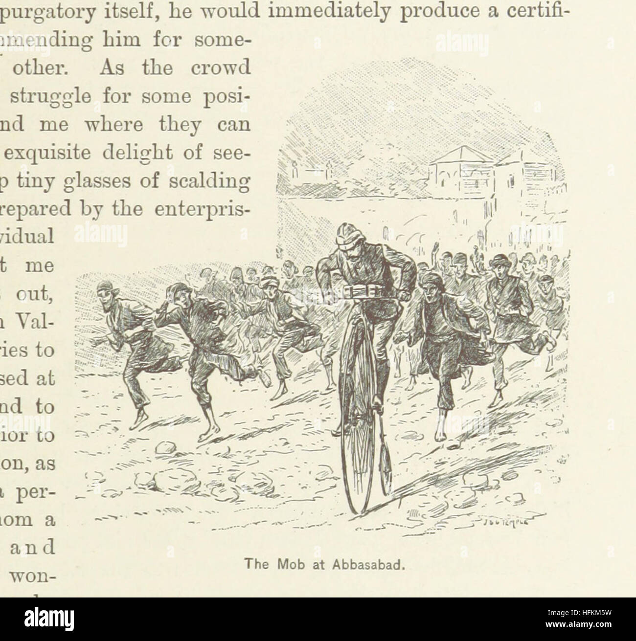 Dieses Bild stammt von Seite 95 von „Around the World on a Bicycle“, das die Fahrradreise des Autors von Teheran nach Yokohama dokumentiert. Das Buch enthält Illustrationen, die Landschaften, Kulturen und die Herausforderungen während der Reise durch mehrere Länder darstellen. Stockfoto