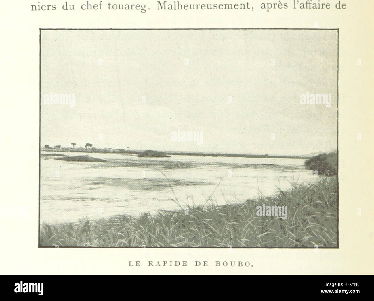 Dieses Bild aus „Sur le Niger et au Pays des Touaregs“ zeigt die Mission von Hourst in der Region Niger und das Land der Touareg. Das Buch enthält Illustrationen und eine Karte, die die Geographie und Kultur dieser Gebiete in Afrika detailliert beschreibt. Stockfoto