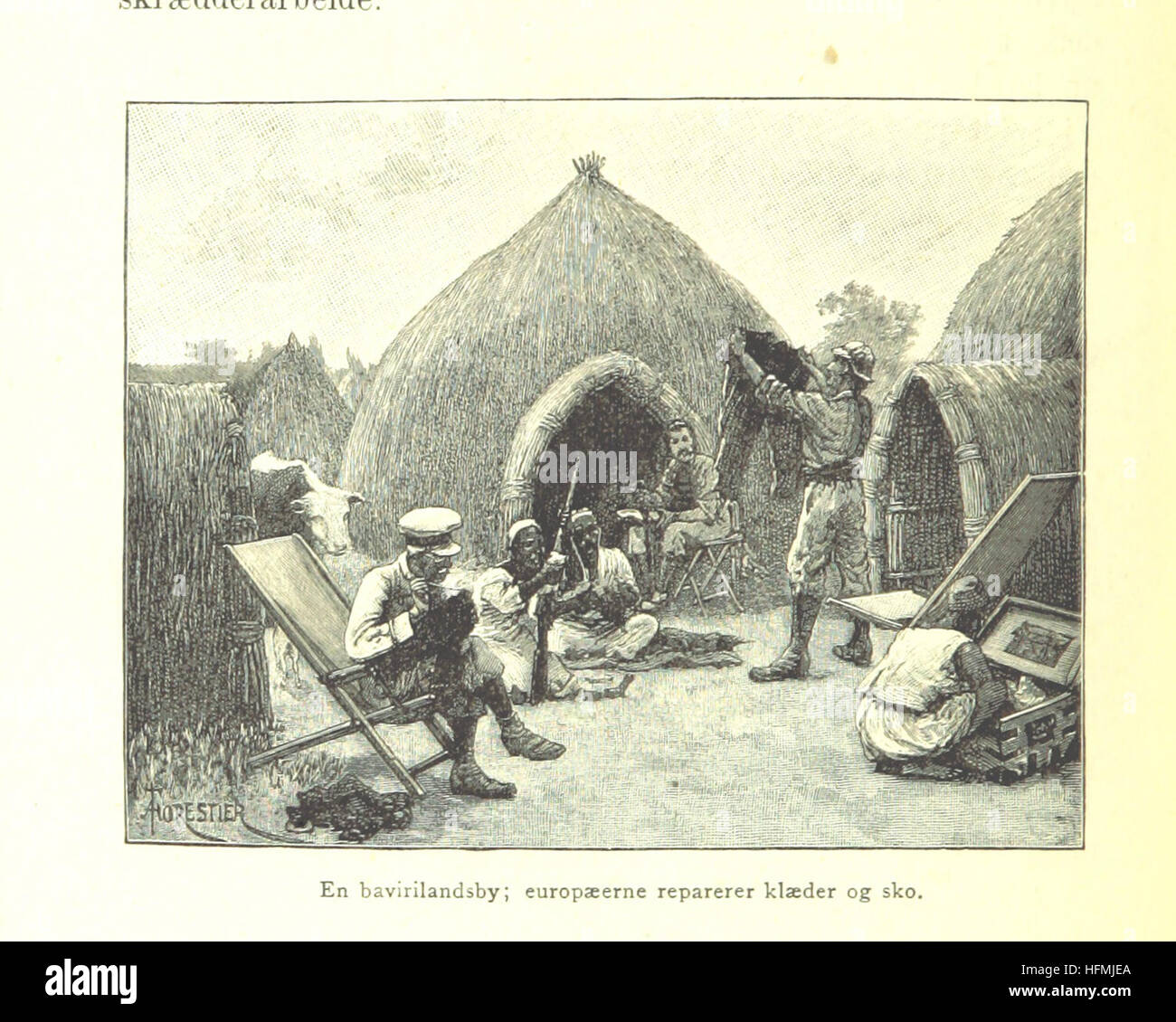 Dieses Bild aus „I det mørkeste Afrika“ erforscht die dunkelsten Teile Afrikas, übersetzt von C. Delgobe und B. Geelmuyden. Die Arbeit umfasst Illustrationen, die die Erkundung der Region und die Herausforderungen dokumentieren. Stockfoto