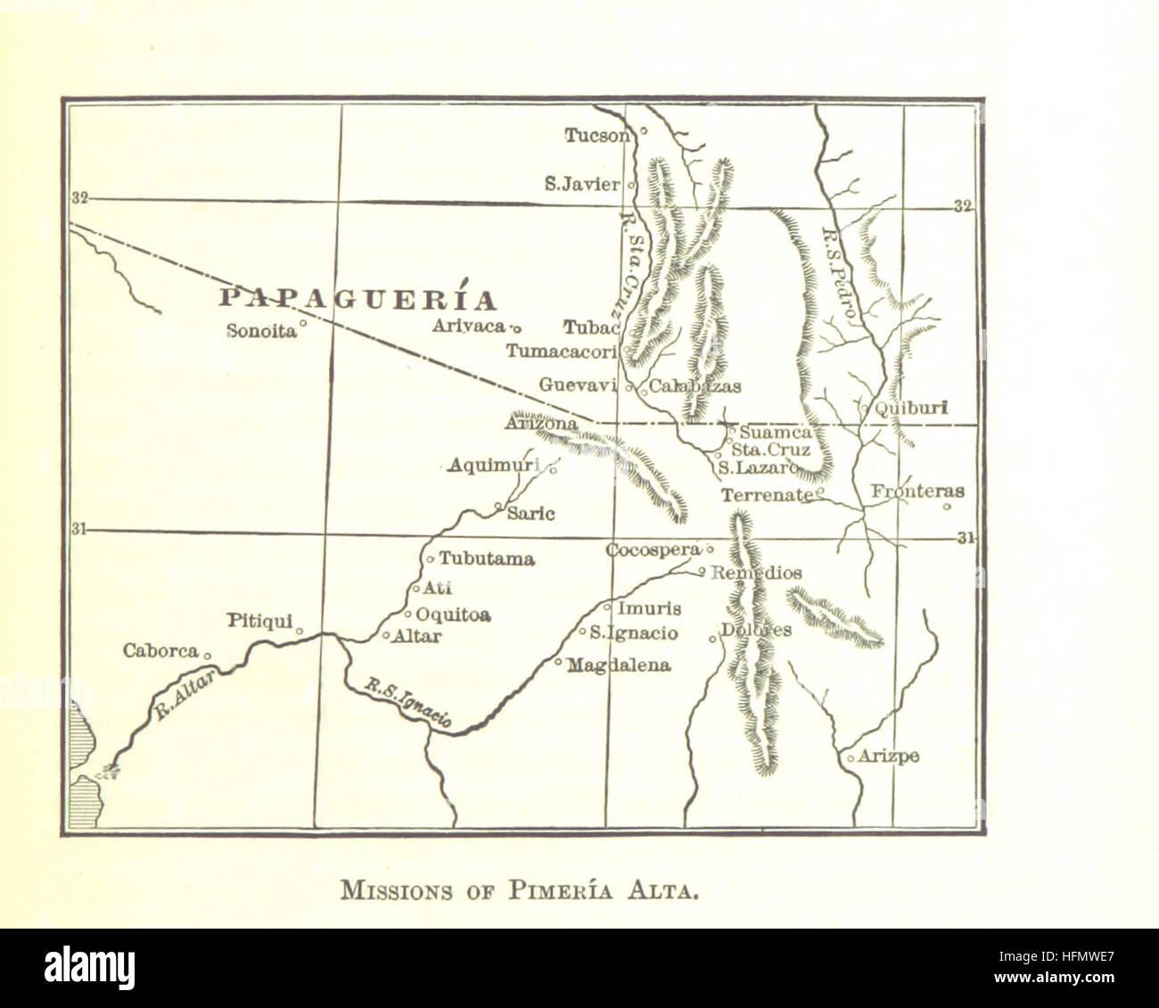 Karte der nördlichen Region Mexikos mit dem Bundesstaat Sonora. Bild aus „Geschichte der Pazifischen Staaten von Nordamerika“ von Hubert Howe Bancroft, 1882. Diese Karte auf Seite 401 zeigt geografische Details des Gebiets, einschließlich der Flusssysteme, Festungsstandorte und der ozeanischen Küste im Kontext des frühen 19. Jahrhunderts Nordamerika. Stockfoto