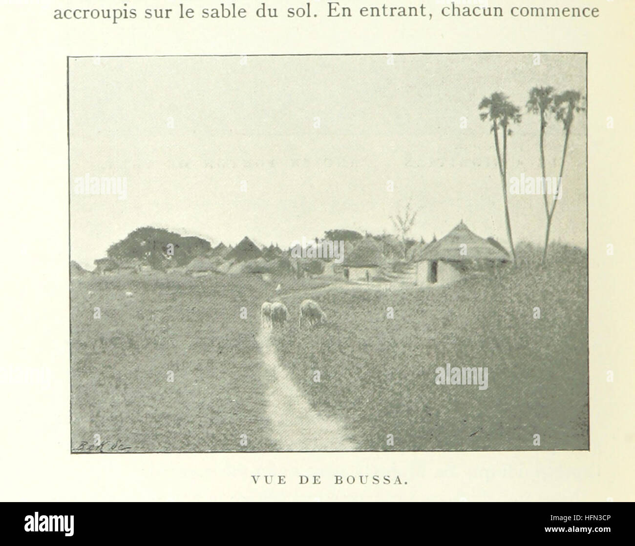 Dieses Bild stammt aus dem Buch „Sur le Niger et au Pays des Touaregs“, das Illustrationen und eine Karte der Region Niger und der Touareg enthält. Es bietet Einblicke in die Mission von Hourst und bietet visuelle Darstellungen der lokalen Umgebung und Kultur in Westafrika. Stockfoto