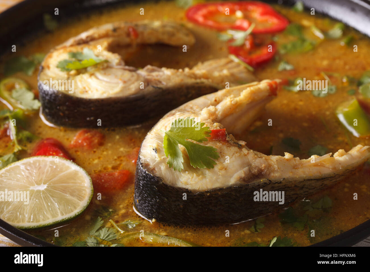Köstlich würziger Fisch curry mit Koriander-Makro auf einem Teller. horizontale Stockfoto