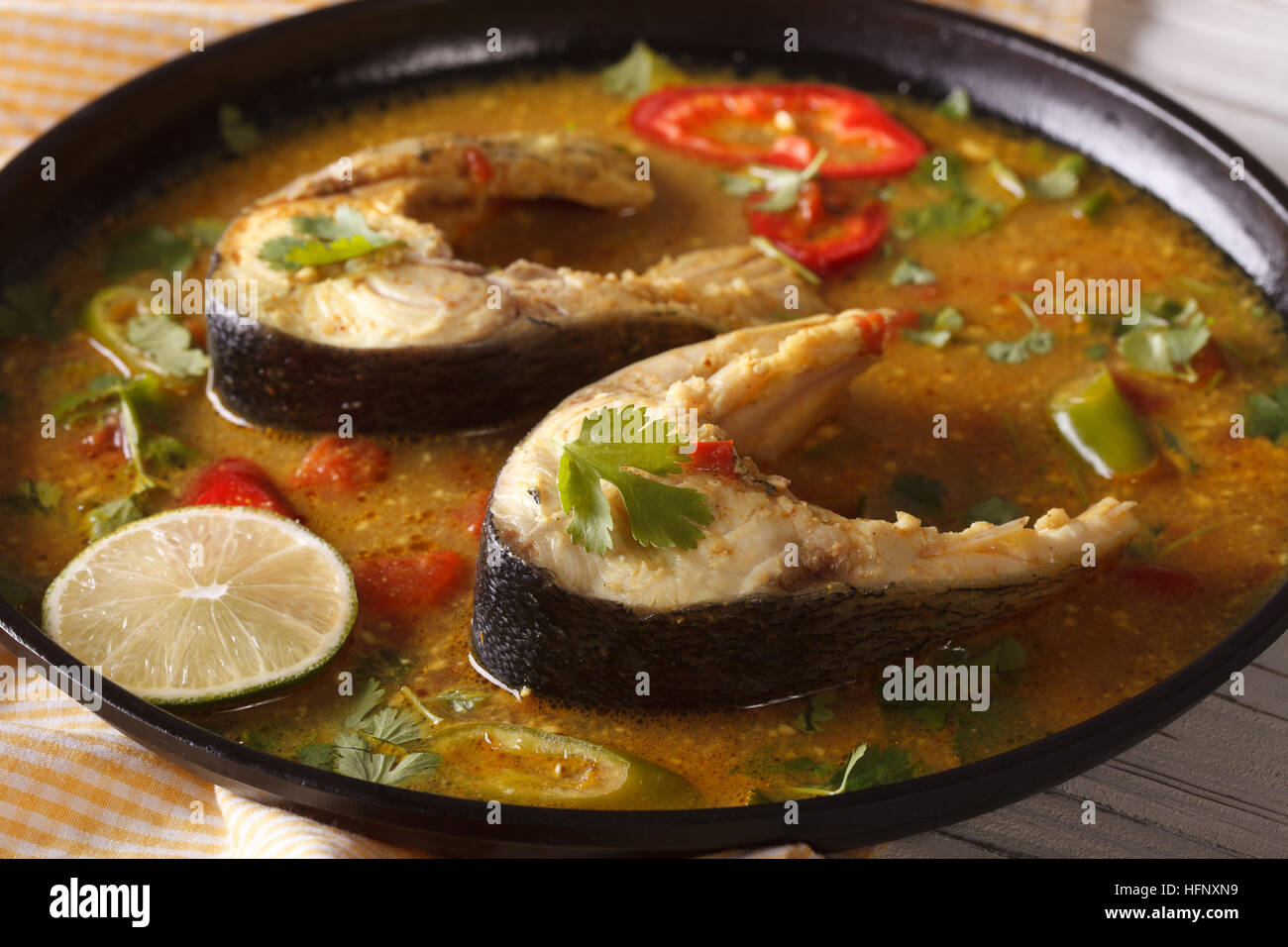 Köstliche pikante Fisch-Curry mit Koriander hautnah auf einem Teller. horizontale Stockfoto