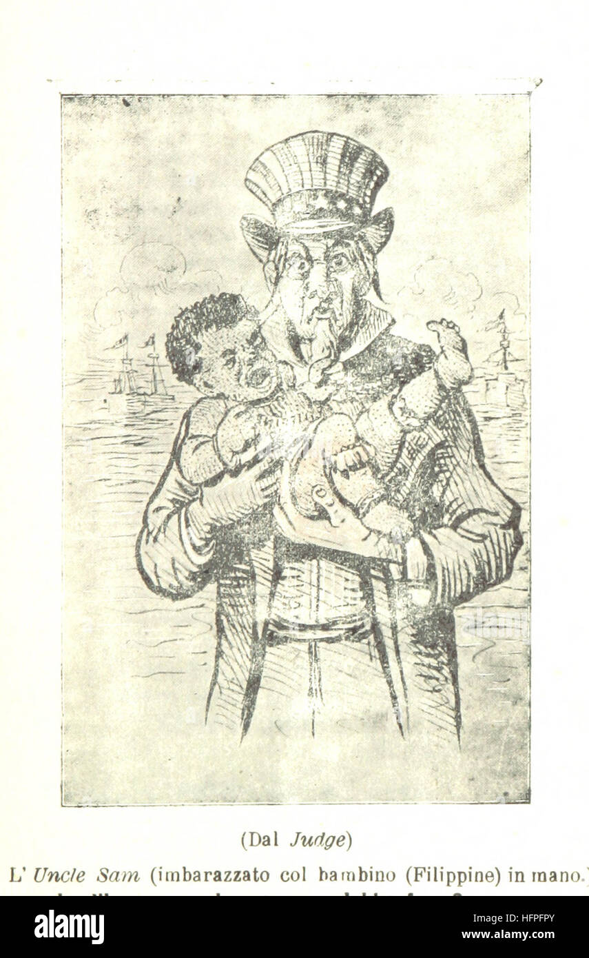 Dieses Bild, auf Seite 85 von „Cavite e Santiago“ von Domenico Parodi, zeigt einen bärtigen Mann, der möglicherweise Onkel Sam aus den Vereinigten Staaten repräsentiert, aus dem Jahr 1898. Das Werk wurde in Genua, Italien, veröffentlicht. Stockfoto