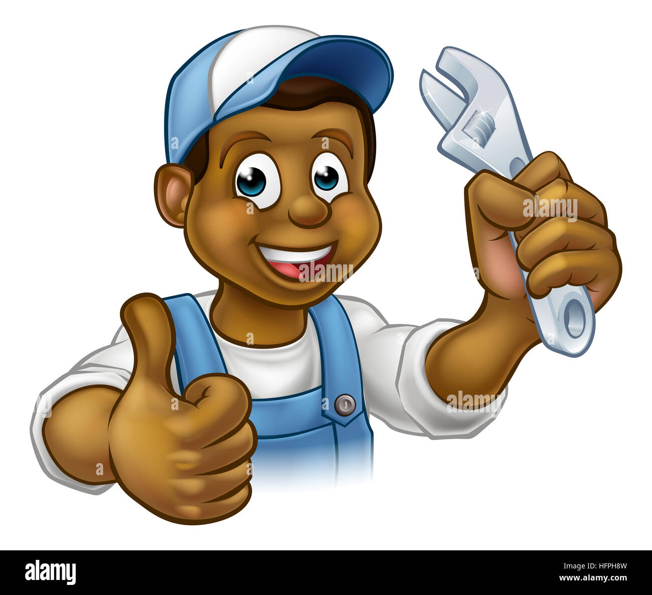 Eine schwarze Klempner oder mechanischen Handwerker-Cartoon-Figur hält einen Schraubenschlüssel und geben einen Daumen nach oben Stockfoto