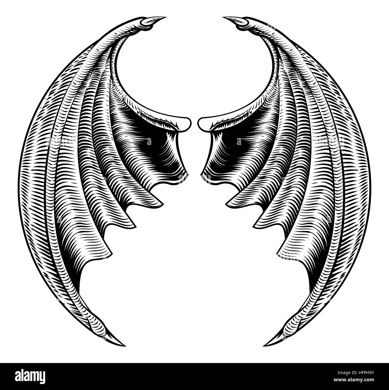 Eine kreisförmige Fledermaus Dämon Dragon wings Horror Halloween Design im Stil Vintage Holzschnitt Stockfoto