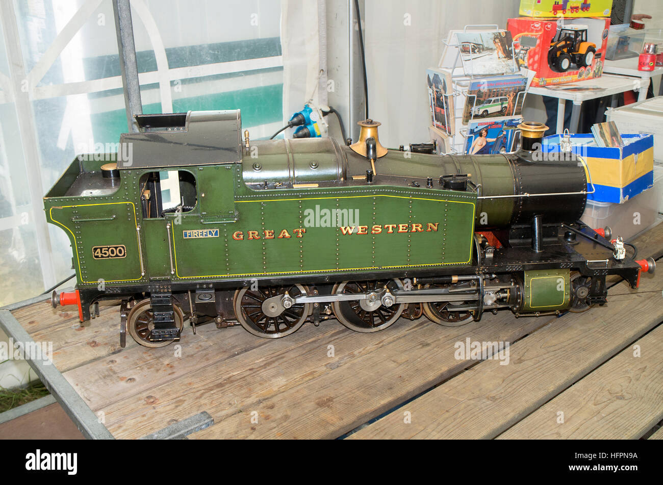 Modell Dampflok 'Firefly' Nummer 4500 Great Western bei VSA Steam Train Festival September 2016, Apeldoorn, Niederlande Stockfoto