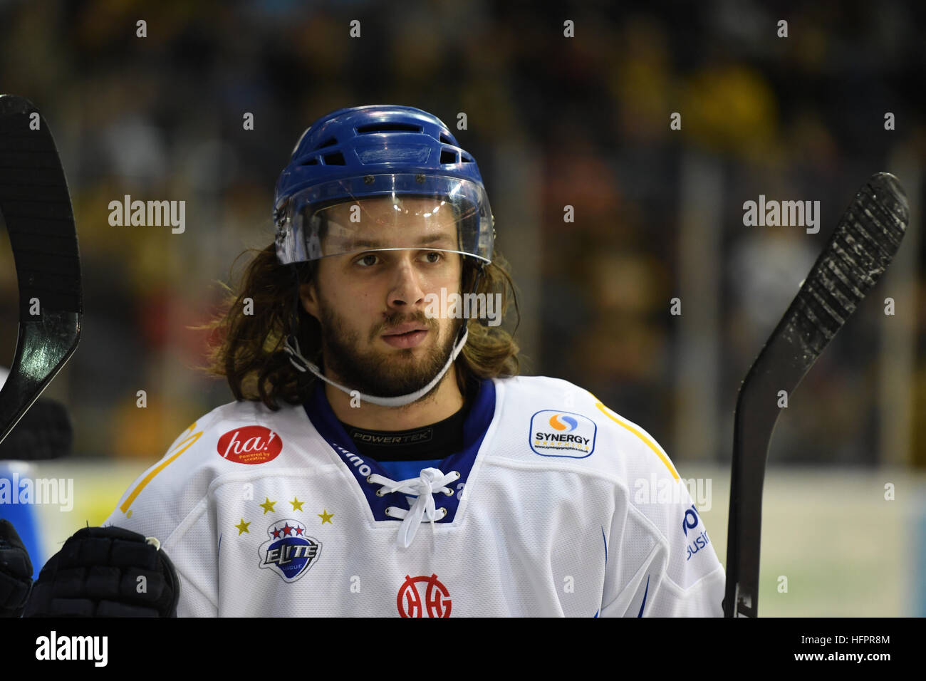 Liam Stewart, Sohn des berühmten Sänger Rod Stewart und Rachel Hunter, Eishockey zu spielen, für die Coventry Blaze. Stockfoto