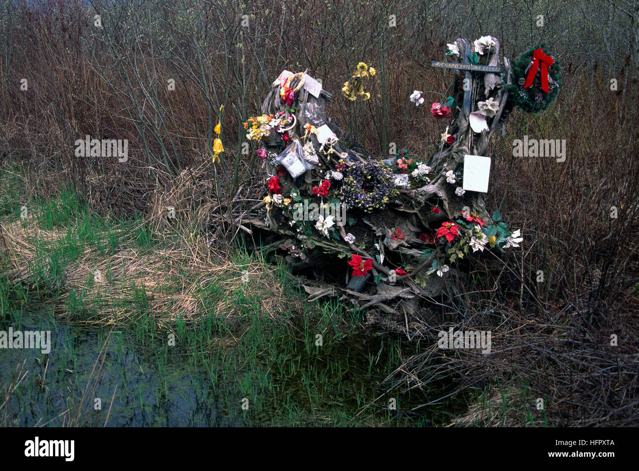 Am Straßenrand Gedenkschrein und Tribut für die Opfer in tödlichen Autounfall getötet Stockfoto