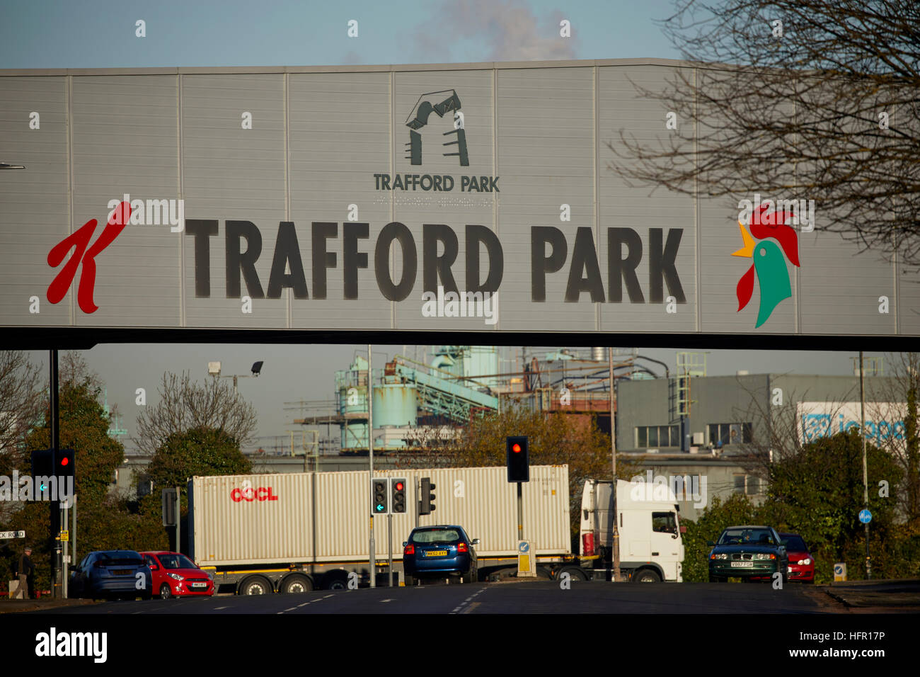 Trafford Park Zeichen Manchester uk England Unternehmen Industrie Kleinaggregat Immobilien Gebäude Standort befindet sich Architektur Architektur Stockfoto