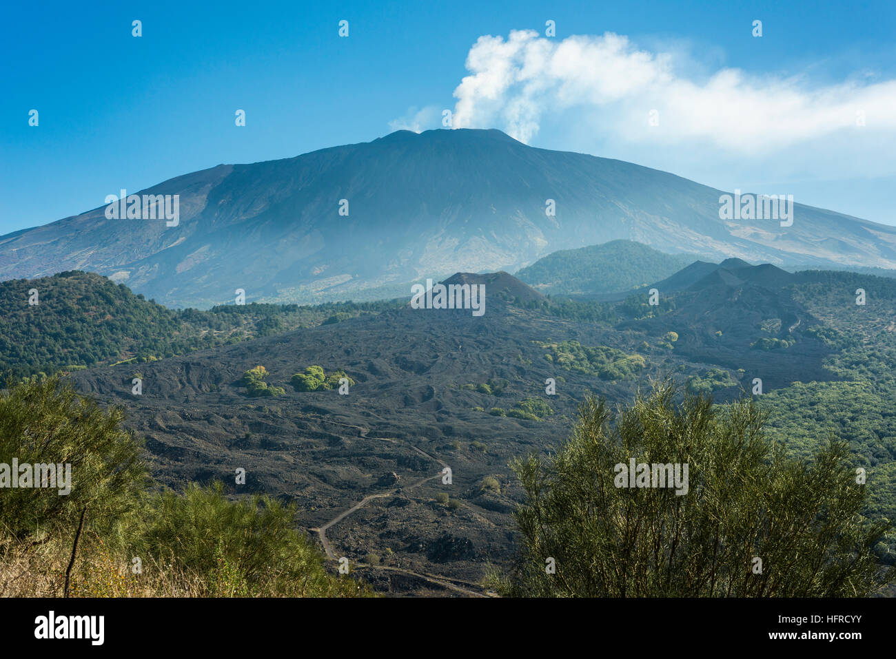 Ätna, Westflanke, Vordergrund Vulkankegel, links Berg Lepre, mittlere Montenuovo und Lavastrom von 1763 Stockfoto
