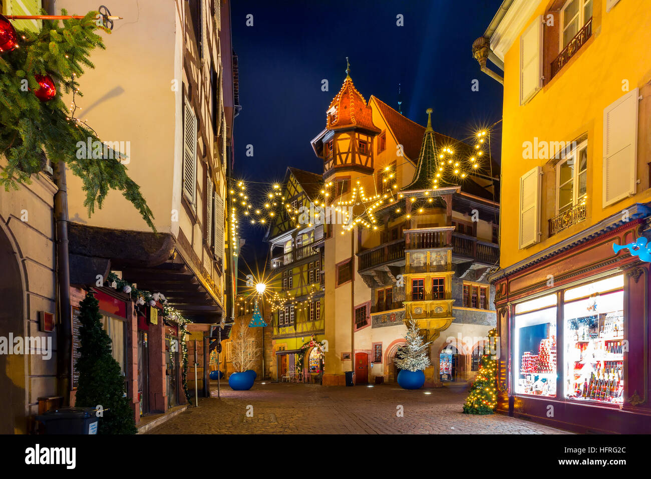 Maison Pfister in der Nacht in Colmar, Belgien Stockfoto