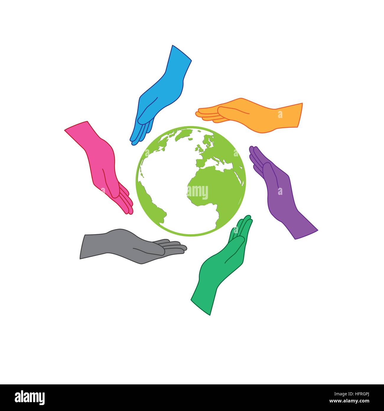 Erde Speichern Symbol Logo. Sechs Hände sind zum Schutz der Erde. Sechs Farben Hände repräsentieren Menschen überall auf der Welt, welcher Nation, Kontinent oder s Stock Vektor