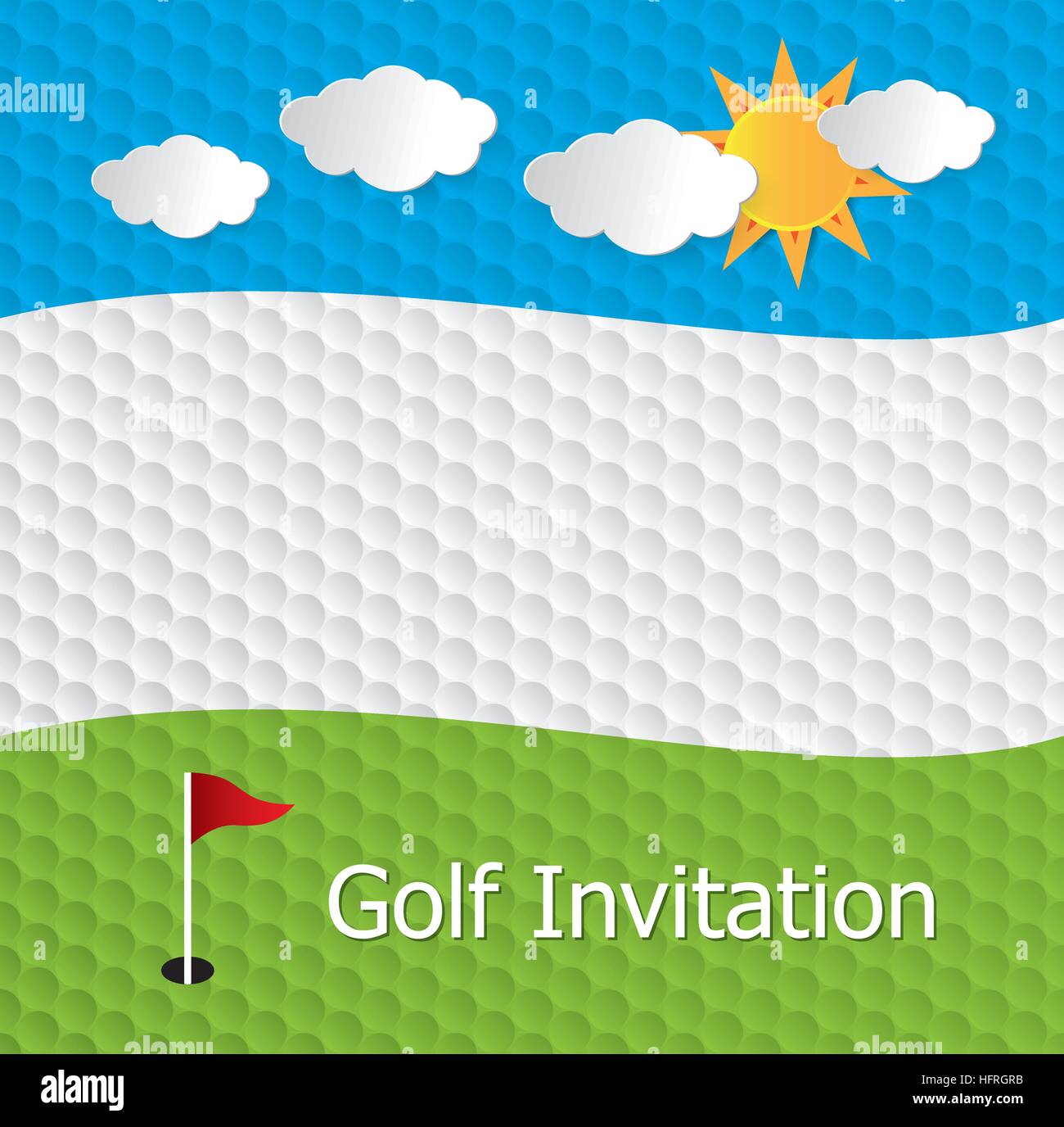 Golf Turnier Einladung Grafik-Design. Das Design, Golf-Ball-Textur-Muster, Golfplatz, Loch, Flagge, blauer Himmel, Wolke und Sonne darstellt. Stock Vektor