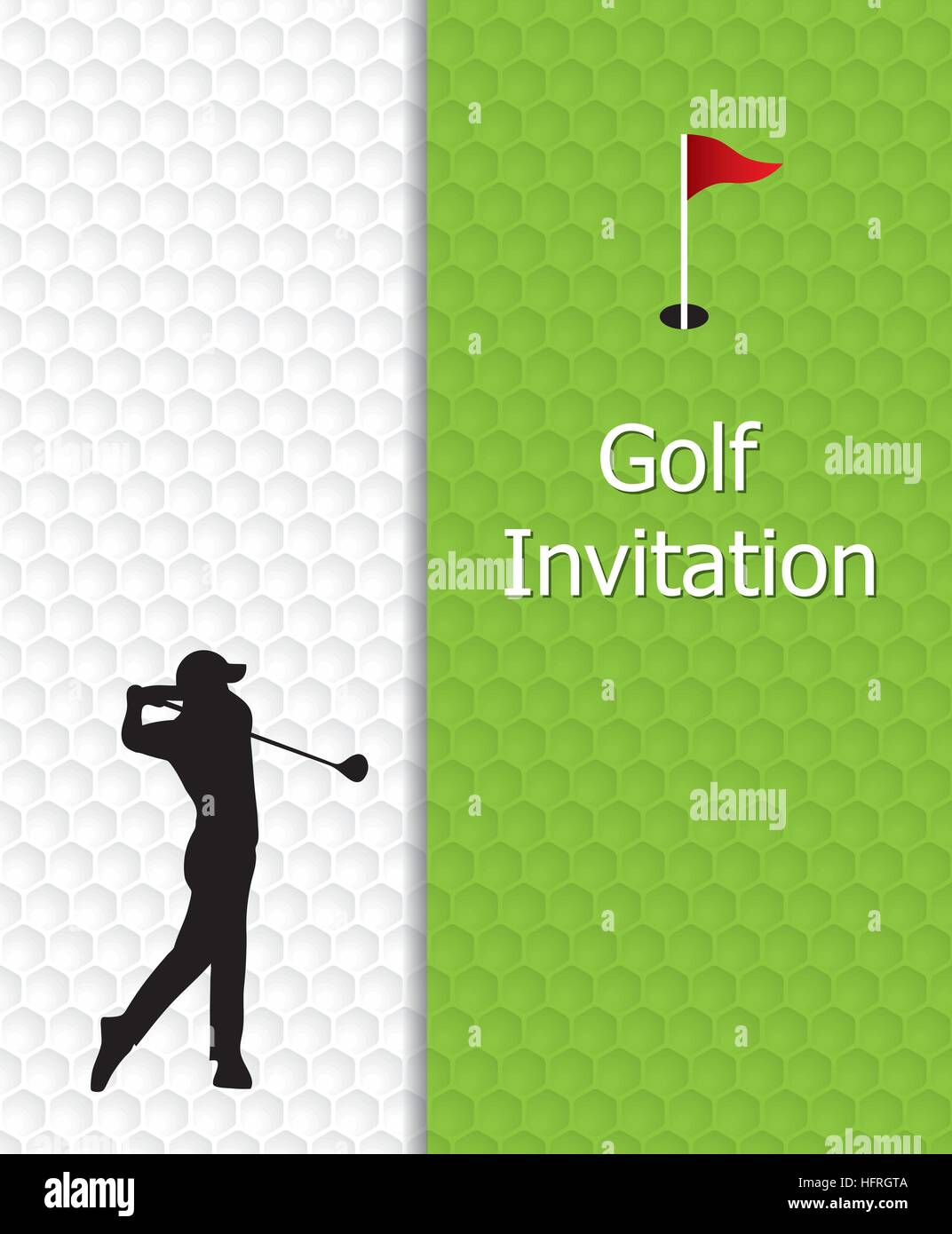 Golf Turnier Einladung Grafik-Design. Golfplatz, Flagge und Loch auf Golf ball Muster Textur. Und Silhouette Golfer schwingen. Stock Vektor