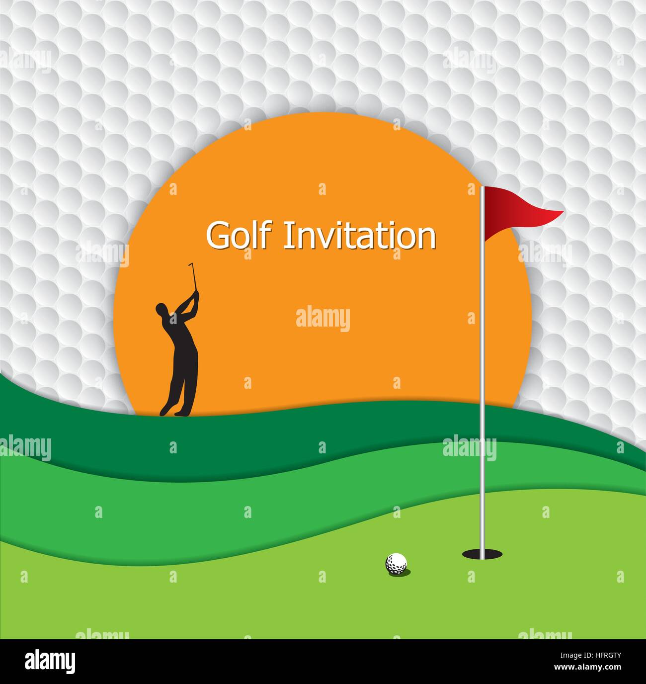 Golf Turnier Einladung Grafik-Design. Golfer schwingen, Golfplatz, Flagge und Loch auf Golf ball Muster Textur. Stock Vektor