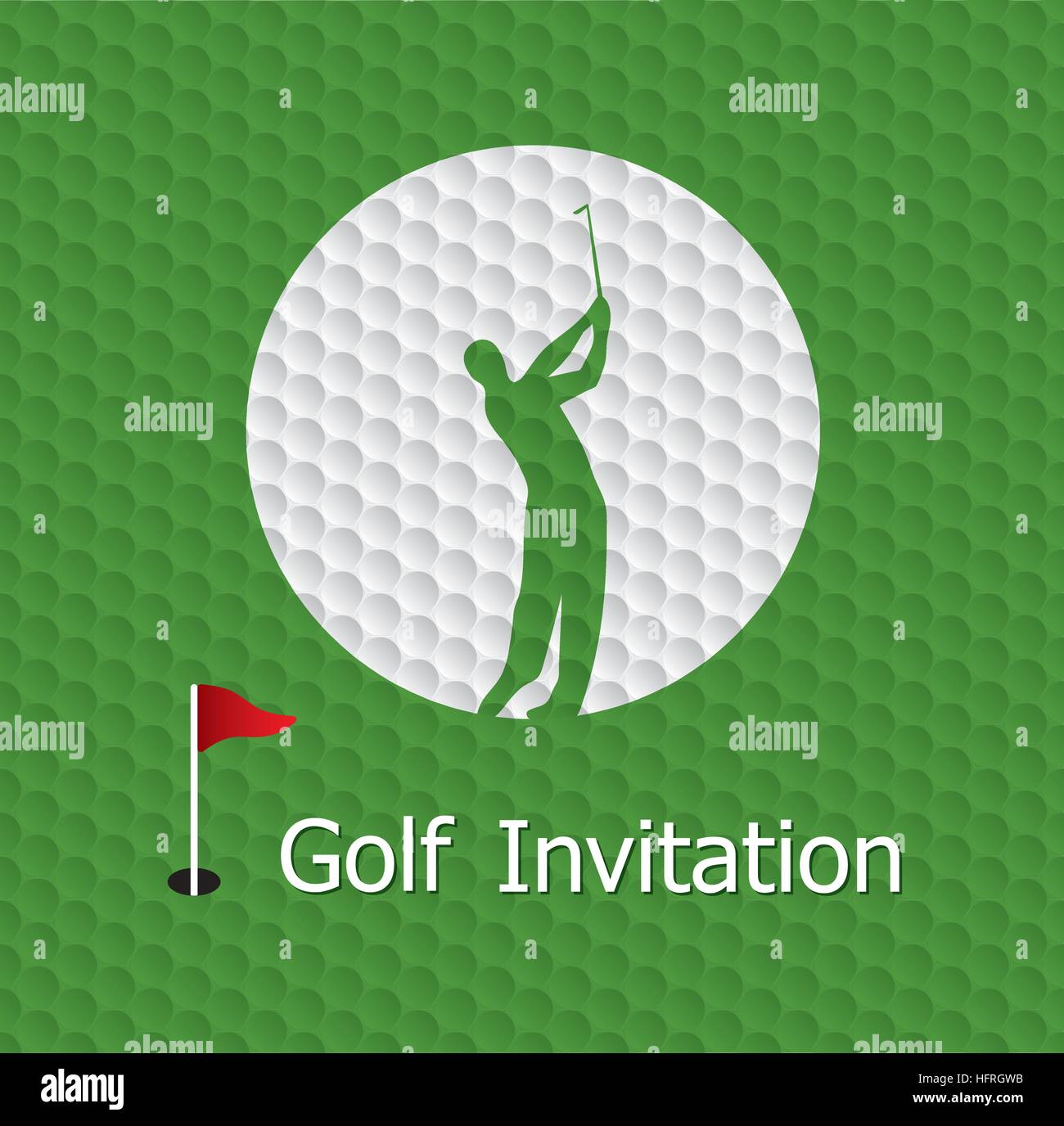 Golf Turnier Einladung Grafik-Design. Golfer schwingen, Flagge und Loch auf Golf ball Muster Textur. Stock Vektor
