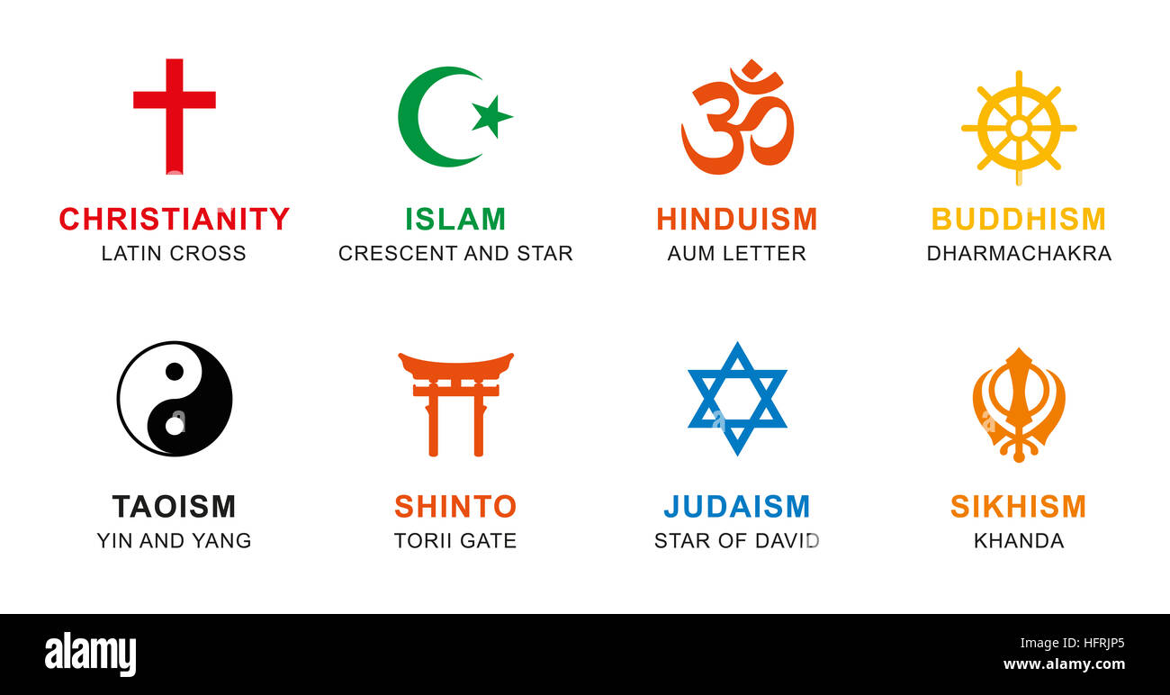 Farbige Welt Religion Symbole. Anzeichen einer großen religiösen Gruppen und Religionen. Stockfoto