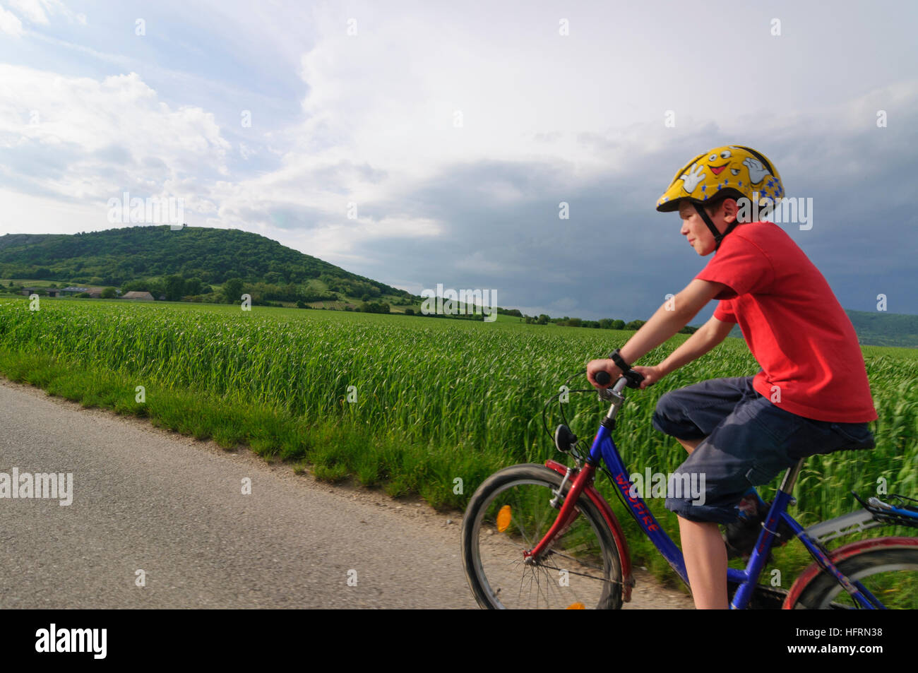 Hainburg an der Donau: junge am Fahrrad, Donau, Niederösterreich, Niederösterreich, Österreich Stockfoto