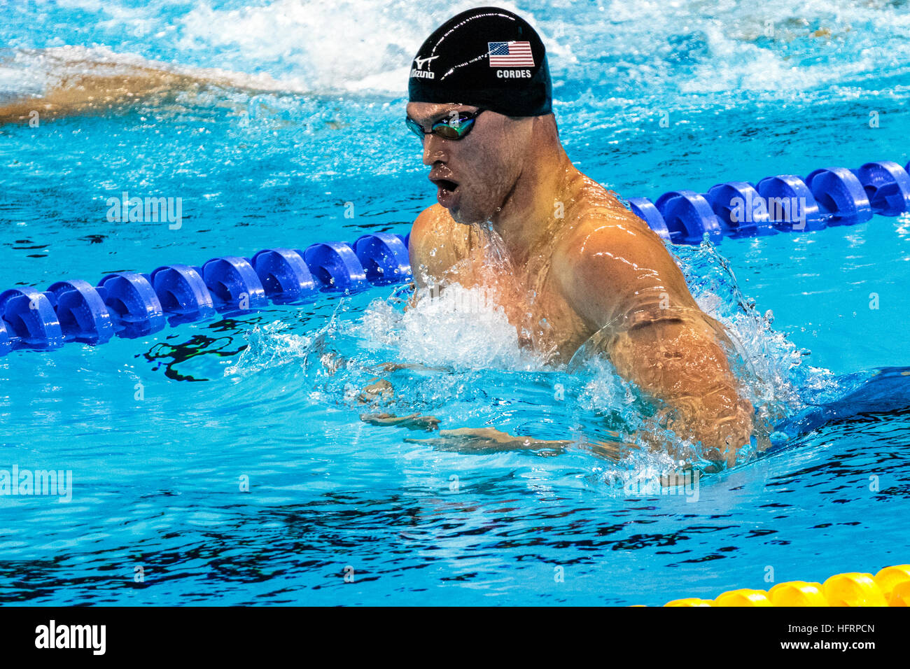 Rio De Janeiro, Brasilien. 9. August 2016.   Kevin Cordes (USA) im Wettbewerb im Halbfinale der Männer 200m Brust bei den Olympischen Sommerspielen 2016 Stockfoto