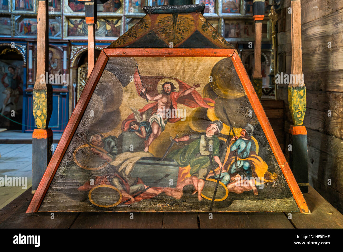 Polychrome Malerei an der Kirche St. Paraskevi, griechisch-katholische, jetzt Museum, UNESCO-Weltkulturerbe in Radruz, Kleinpolen, Polen Stockfoto