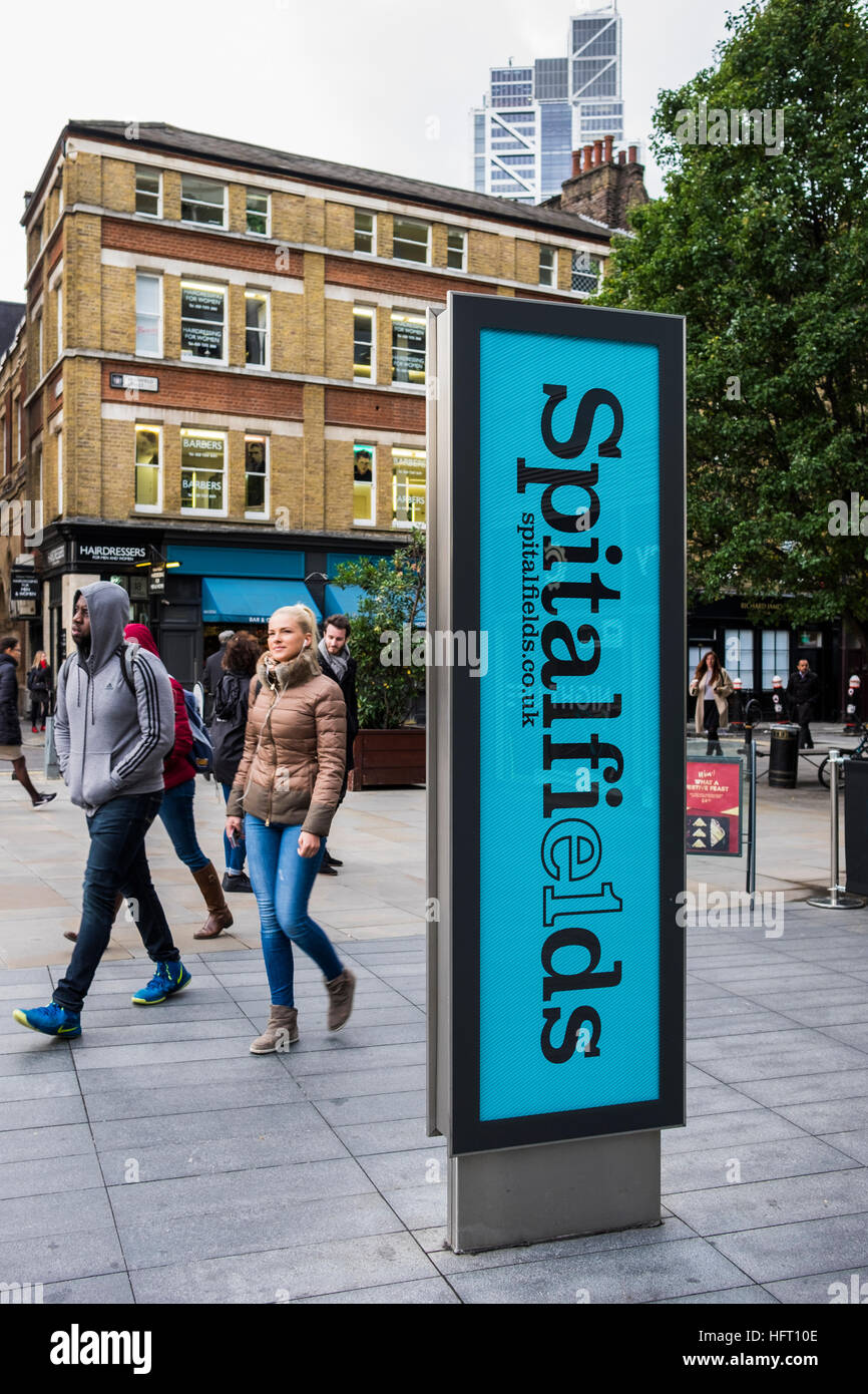Spitalfields zu signieren, Bishops Square, London, England, Vereinigtes Königreich Stockfoto