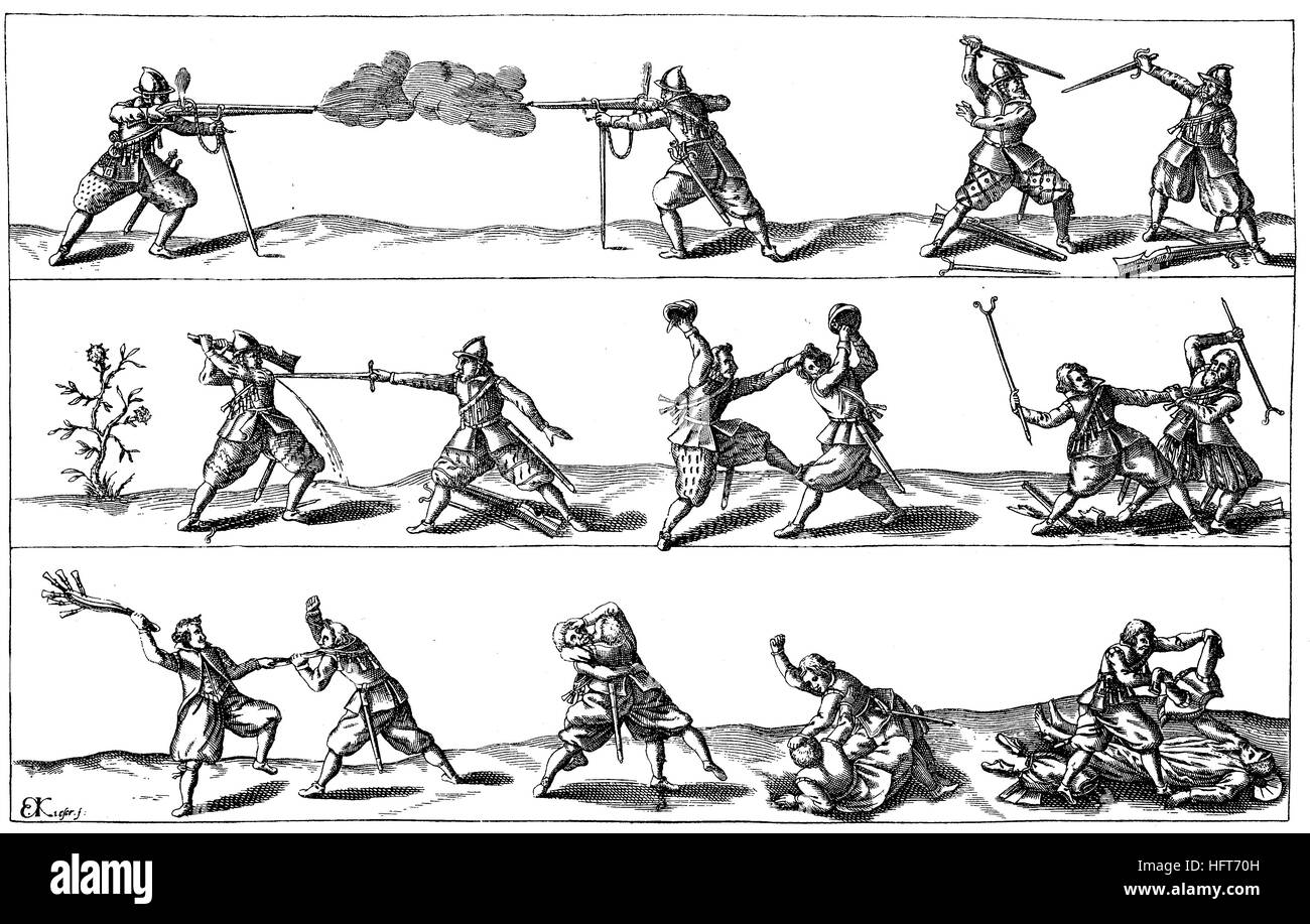 Kampfszenen aus der Zeit des Dreißigjährigen Krieges, Deutschland, Holzschnitt aus dem Jahr 1885, digitale Fuß verbessert Stockfoto