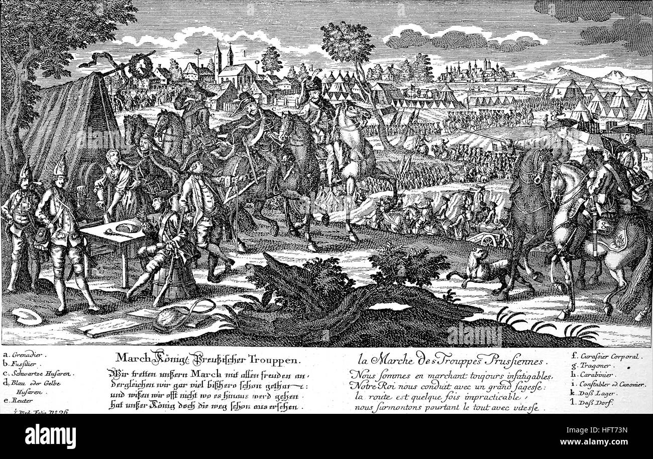 Preußische Truppen während des Siebenjährigen Krieges 1756-1763, Holzschnitt aus dem Jahr 1885, digital verbessert Stockfoto