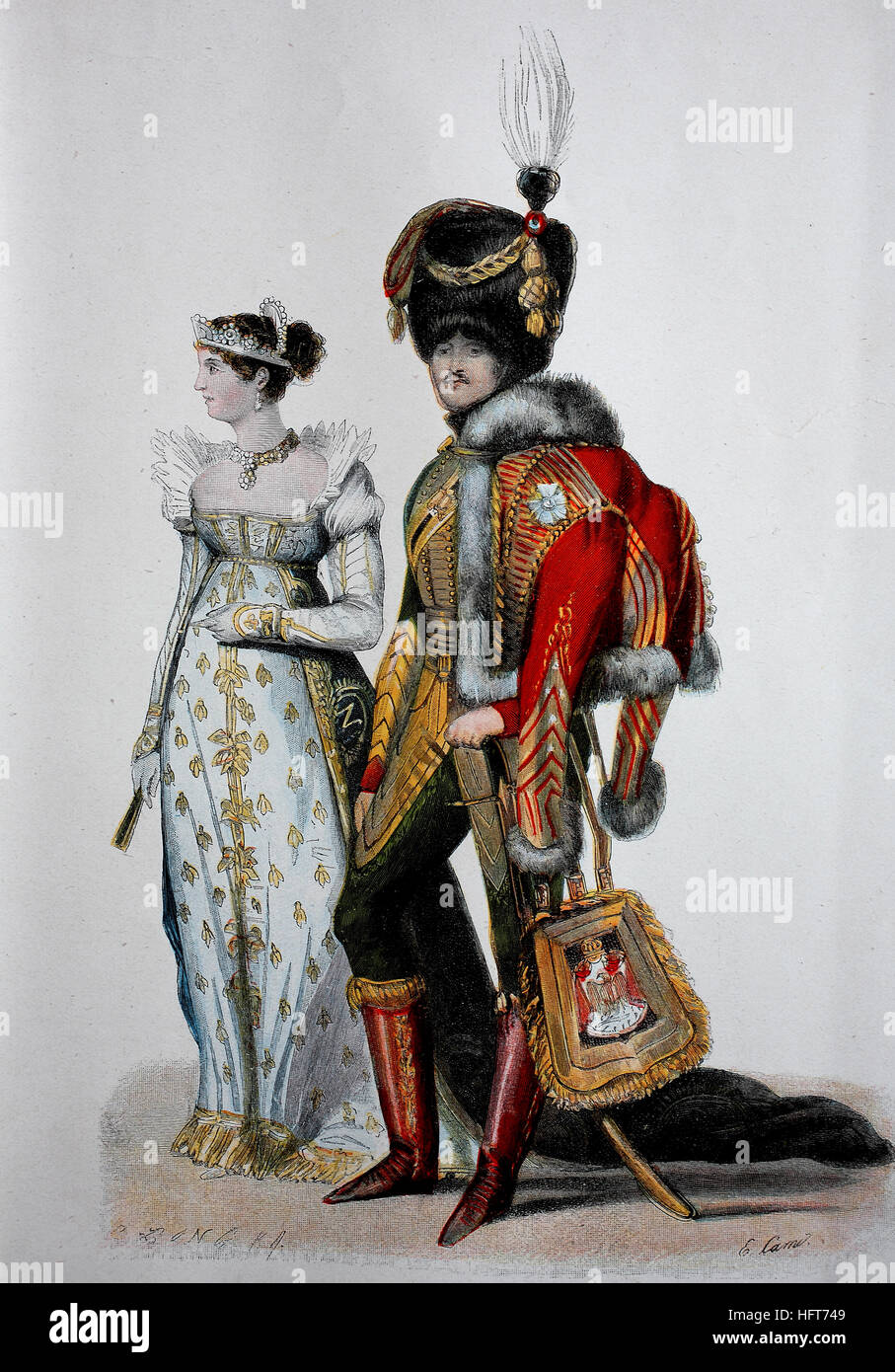 Die Empire Mode, Herrenmode und Mode, Gericht Kleid aus der Empire-Ära,  1807, Holzschnitt aus dem Jahr 1885, digital verbessert Stockfotografie -  Alamy