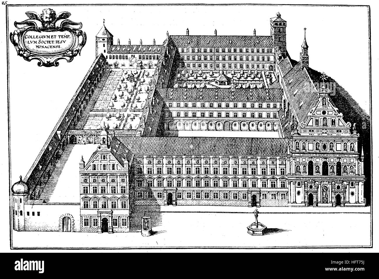 Das Jesuitenkolleg in München, Kupferstich von Merian im Topogr. Bavariae, Deutschland, Holzschnitt aus dem Jahr 1885, digital verbessert Stockfoto