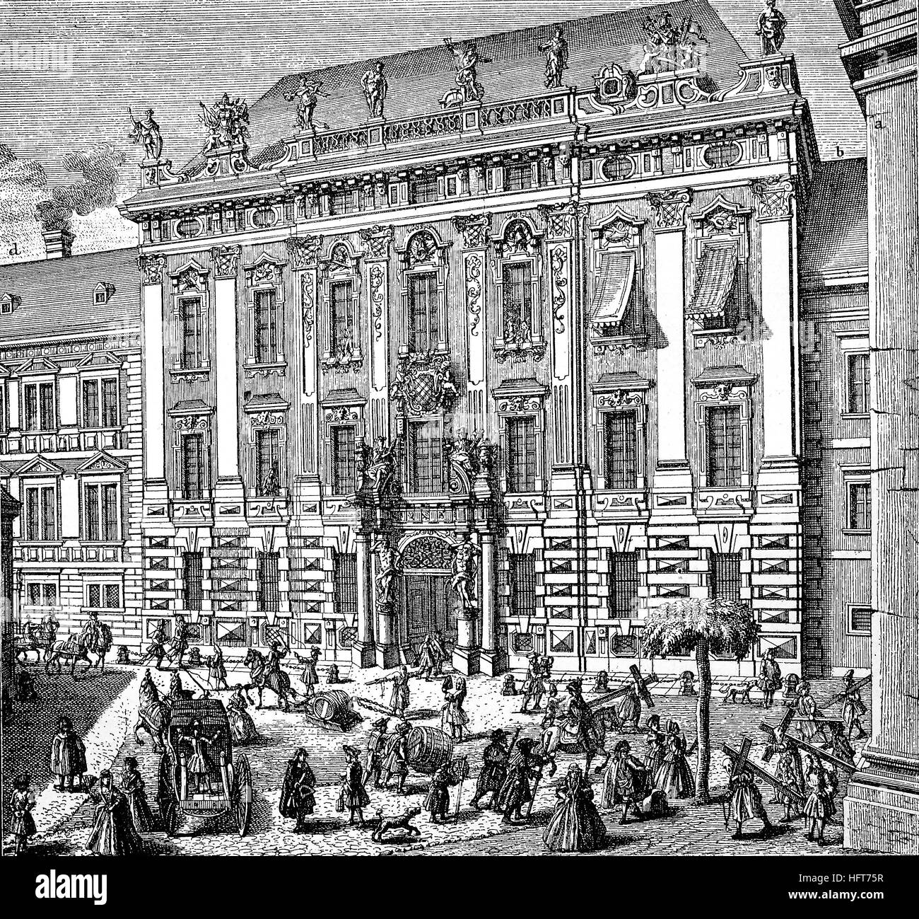 Straßenszene vor dem Daun'schen Palast, heute Kinsky Palast in Wien 1733, Österreich, Holzschnitt aus dem Jahr 1885, digital verbessert Stockfoto