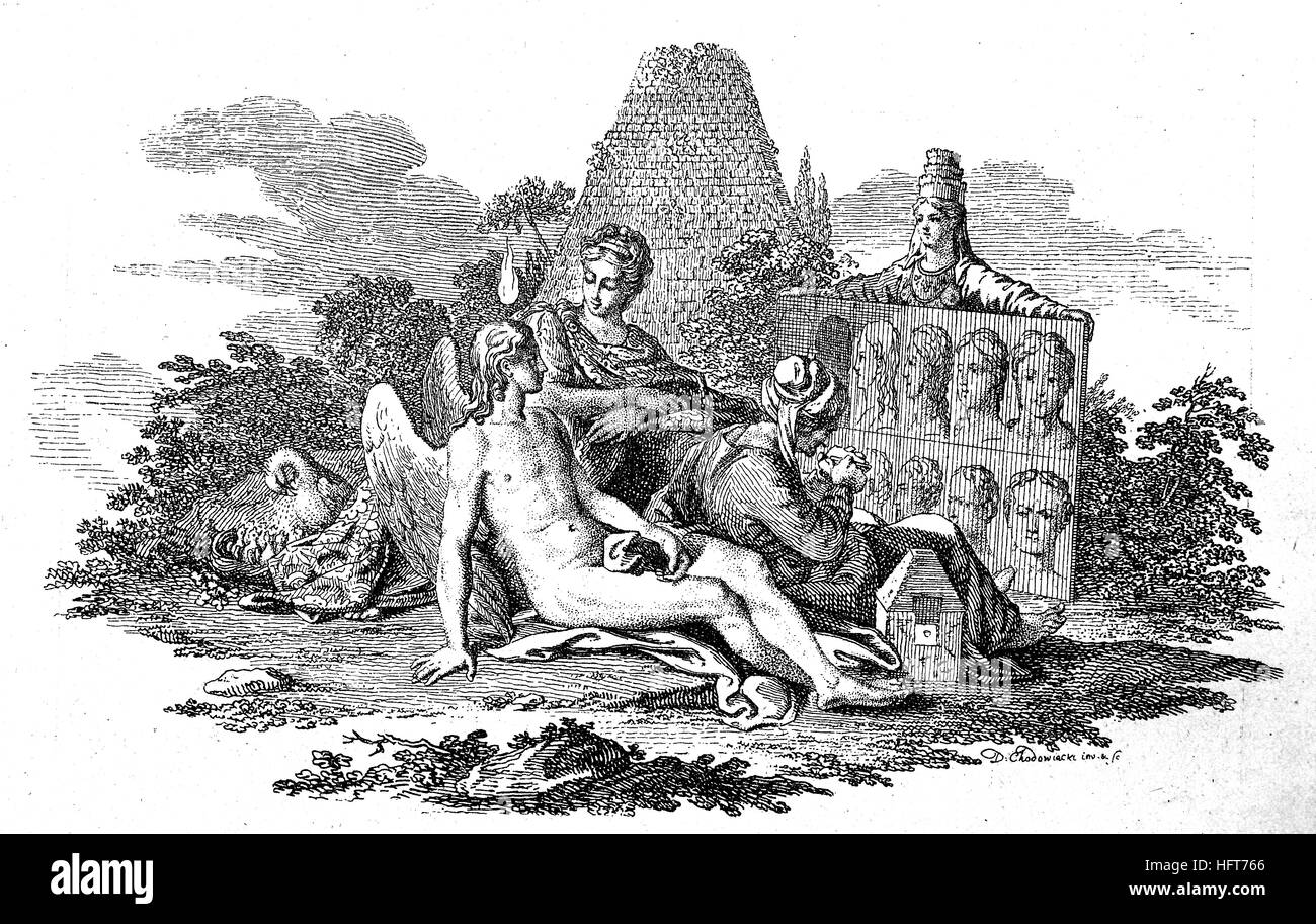 Vignette von Daniel Nikolaus Chodowiecki zu Lavaters physiognomischen Fragmente, Vignette von Daniel Nikolaus Chodowiecki Zu Lavaters Physiognomischen Fragmenten, Holzschnitt aus dem Jahr 1885, digital verbessert Stockfoto